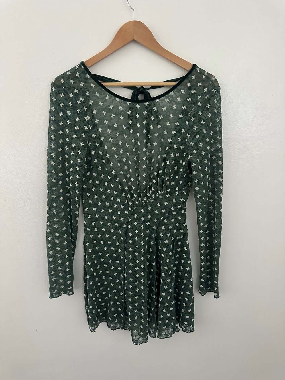 Free People Sheer Delight Green Lace Open Back Mini Dress Topiary Combo - Picture 3 of 6